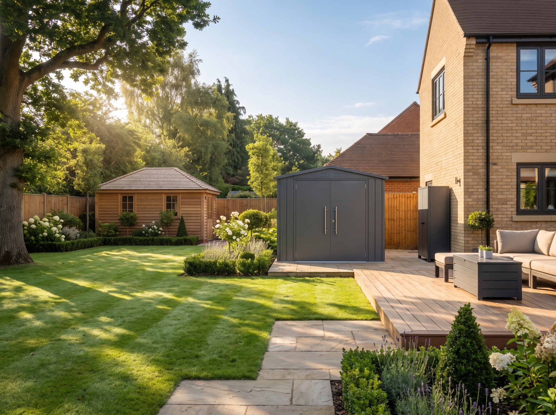 A quiet British garden with a wooden shed